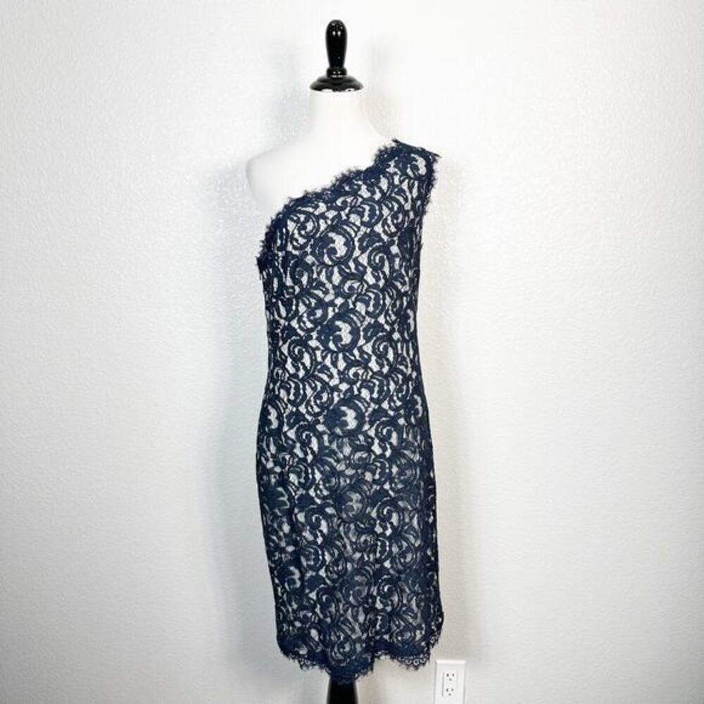 Tadashi Shoji Womens One Shoulder Lace Cocktail‎ Dress in Navy Blue Size 10